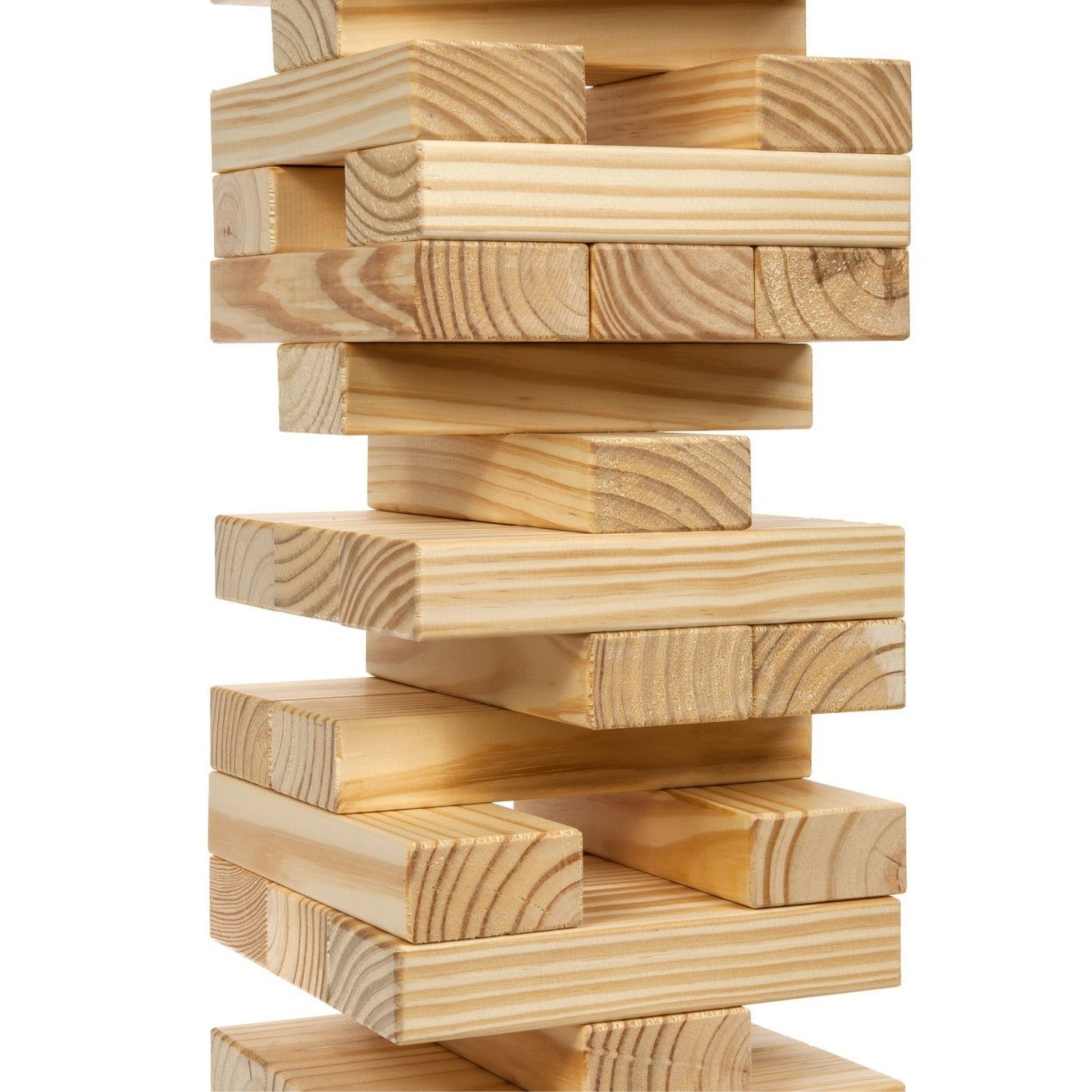 Stacked wooden tumbling tower party rental game